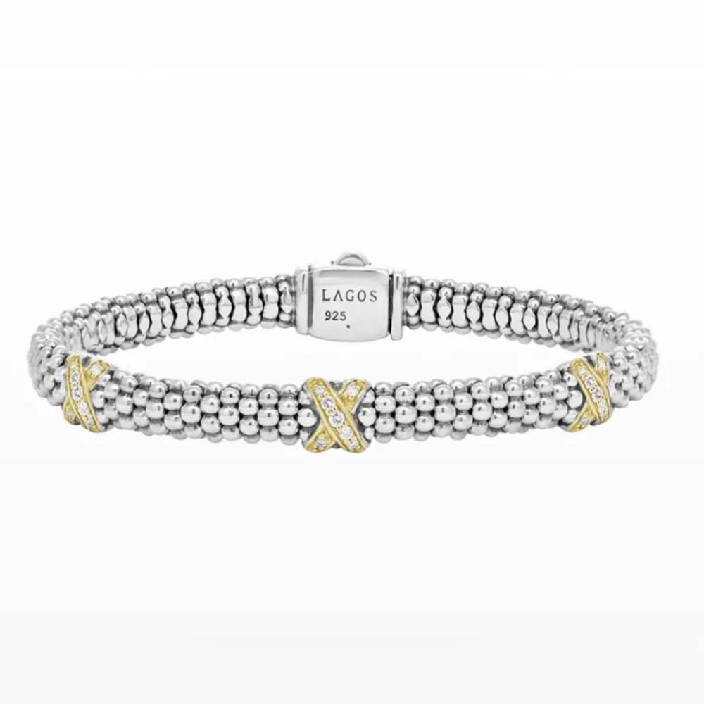 LAGOS THREE STATION GOLD X DIAMOND CAVIAR BRACELET 6mm